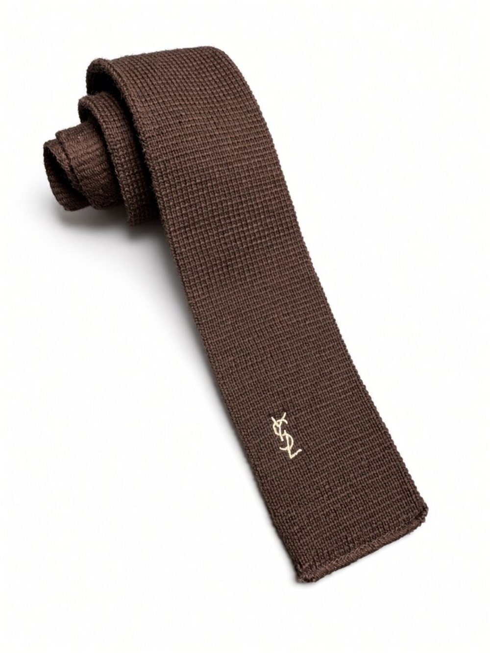 Vintage Yves Saint Laurent YSL Brown Knit Wool Tie Square End Made USA 54"